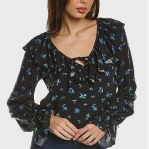 WeWoreWhat Ruffled Watercolor Ditsy Blouse Black & Blue Floral Print Small